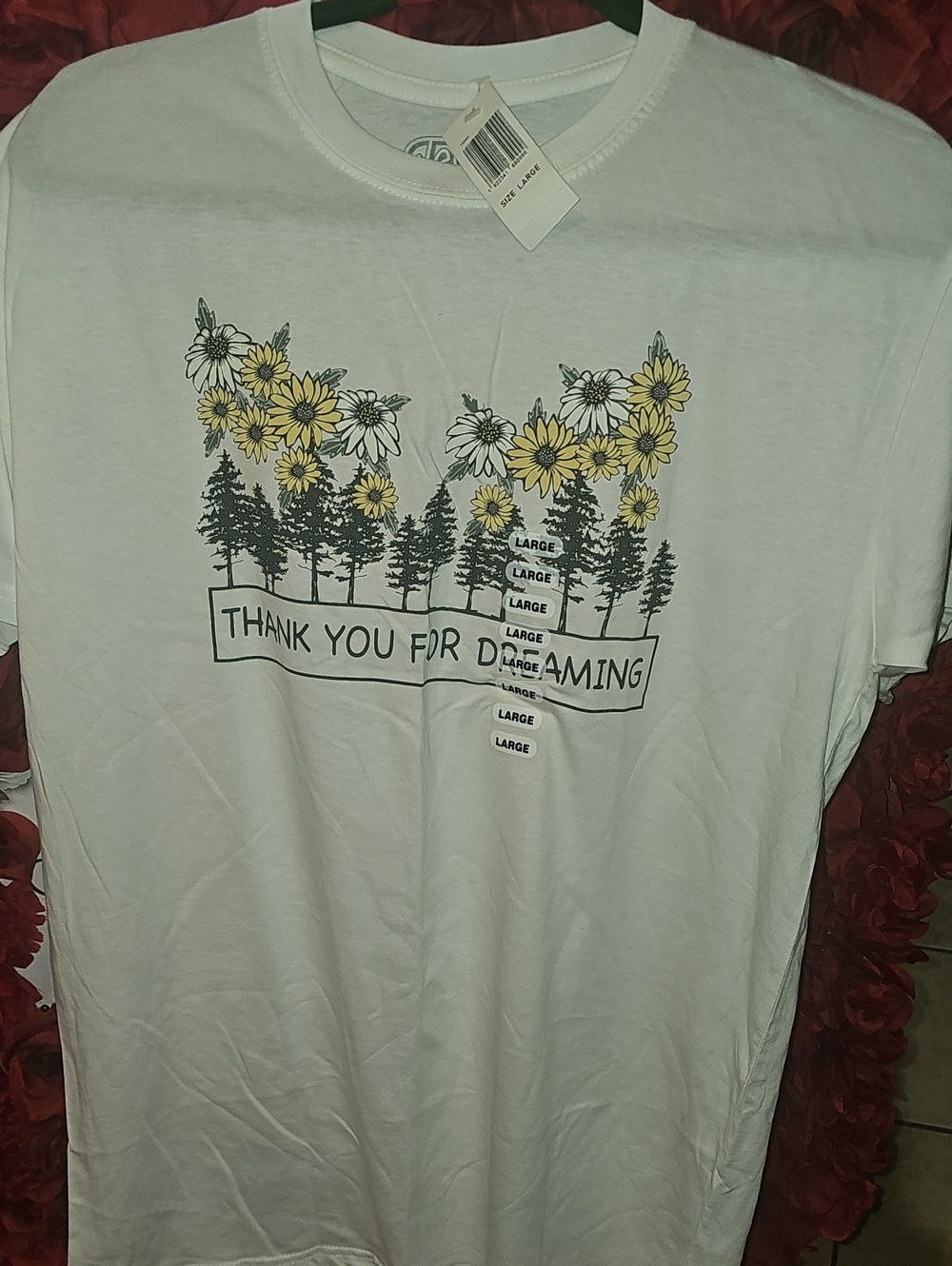 Teeluv NWT White Oversized Tee with Yellow Floral & Black Forest Graphic Size L